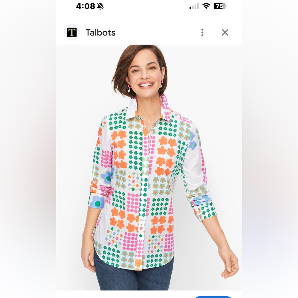 2/$10 Talbots Classic Cotton Shirt Graphic Flower Dots pattern Small Petite EUC